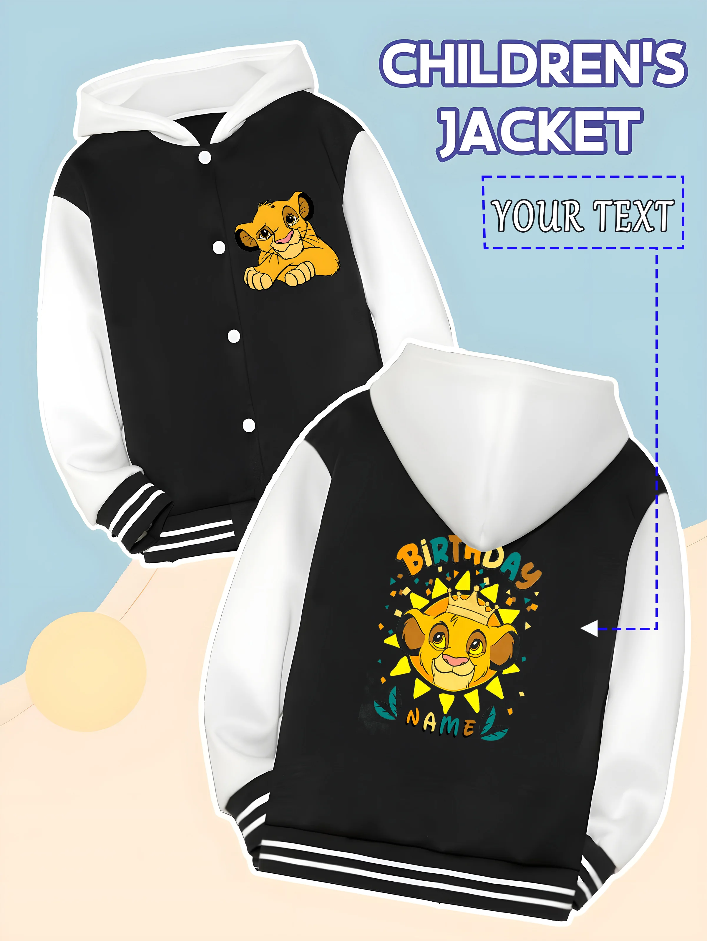 

MINISO Disney Birthday Simba Boys Baseball Jacket - Featuring a crown design for Simba's birthday, customizable with a "NAME" gr