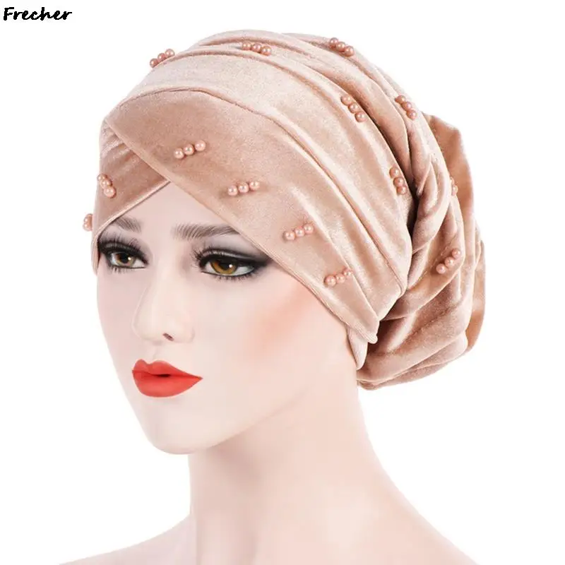 Pearl Beaded Turban Hats Women Muslim Head Scarf Wrap Winter Velvet Stretch Baggy Hat Fashion Wedding Party Caps Hijab Headwrap