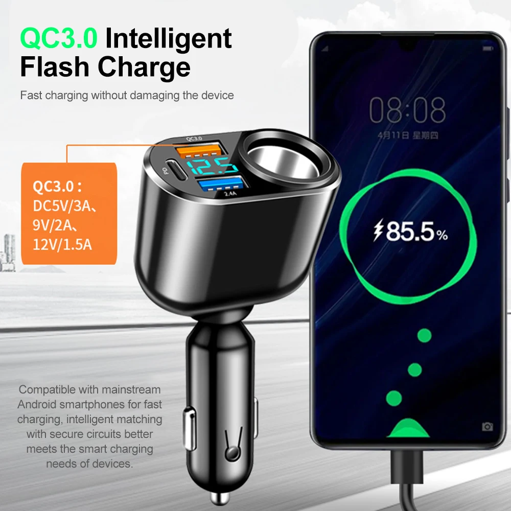 66W Dual USB QC3.0 Car Phone Charger PD Type C Fast Charging Car Mounted Cigarette Lighter For iPhone 14 Xiaomi Samsung Huawei