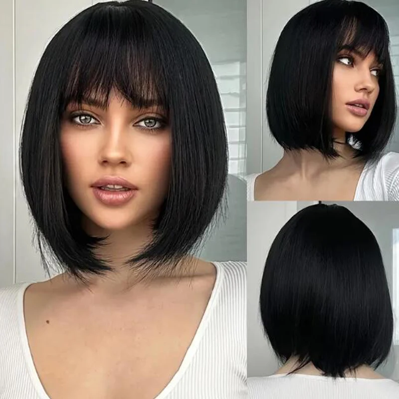 Women\'s Short Black Straight Bob Wig with Bangs,  Short Hair Wig, Cute Synthetic Wig for Cosplay, Everyday, Halloween 12 inche