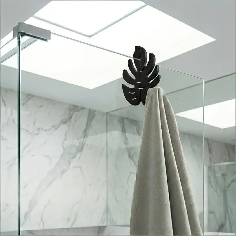 Monstera Pattern Shower Door Hook No Drill Over Door Adhesive Hanger Non-marking for Bathroom Towel Kitchen Pot Holder