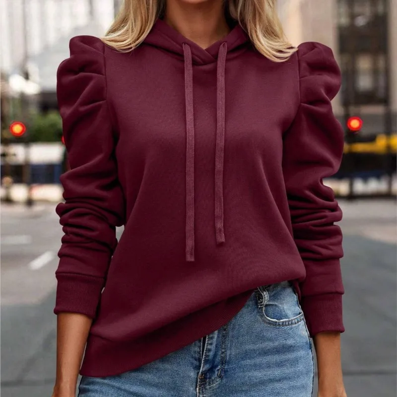 Ladies Elegant Puff Sleeves Hoodie 2024 Autumn/Winter New Fashion Hooded Solid Color Long Sleeved Casual Women\'s Sweatshirt Tops