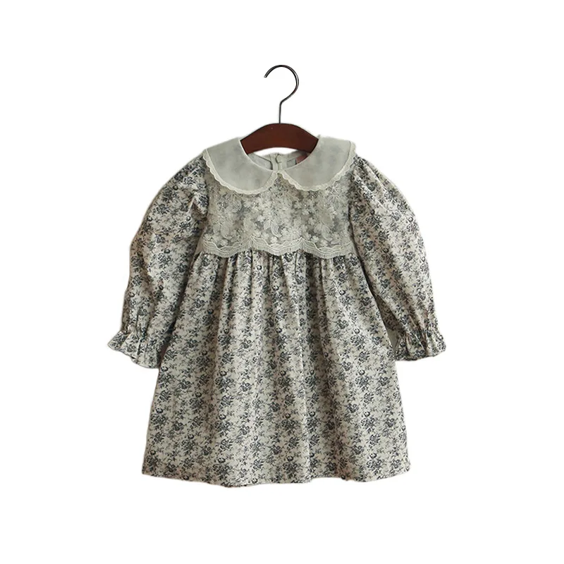 Vestido de flores con solapa de encaje para niños y niñas, moda coreana, Otoño, 2023