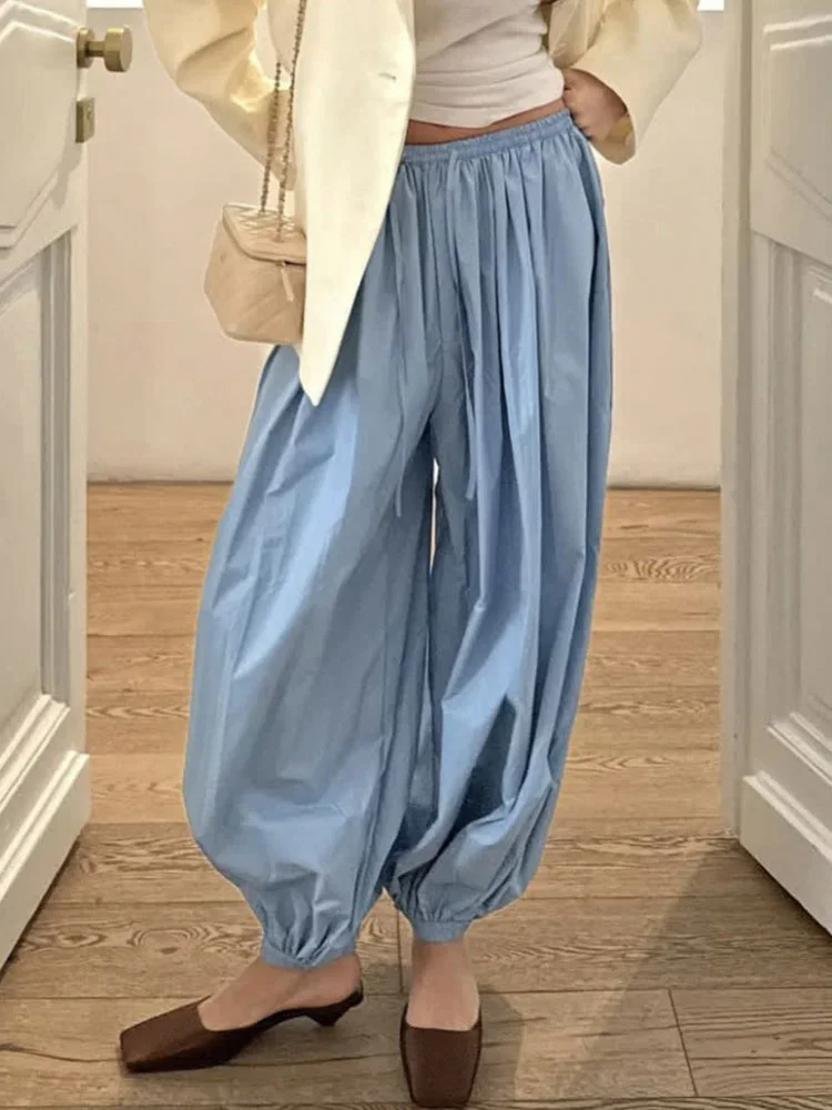 Summer Fashion Pocket Bloomers Female Trousers Pleated Loose High Waist Patchwork Bandage Streetwear Wide Leg Women Pants