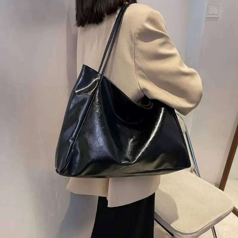 2023 Casual PU Leather Large Capacity Tote Bags for Women Fashion Solid Retro Color Zipper Female Shoulder Bag Ladies Handbag