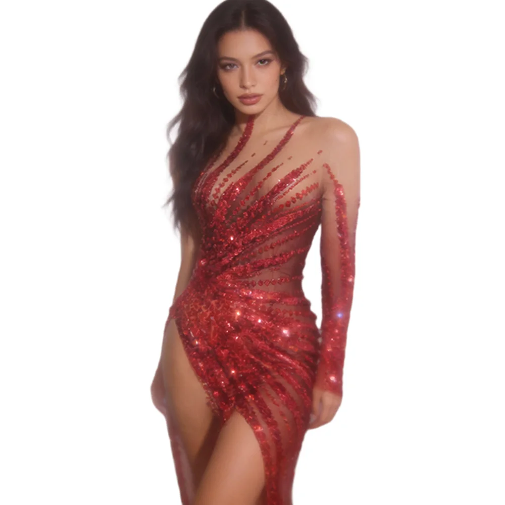 

Красное вечернее длинное платье с пайетками и стразами, с одним рукавом, для клуба, вечеринки, с высоким разрезом, для ужина, фестиваля