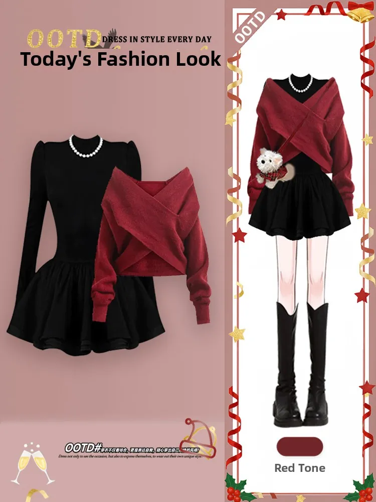 レッドクリスマスドレス レディース スモールフレグランススタイル コンプリートセット 秋冬 高級感 長袖 ハイウエスト Aラインスカート