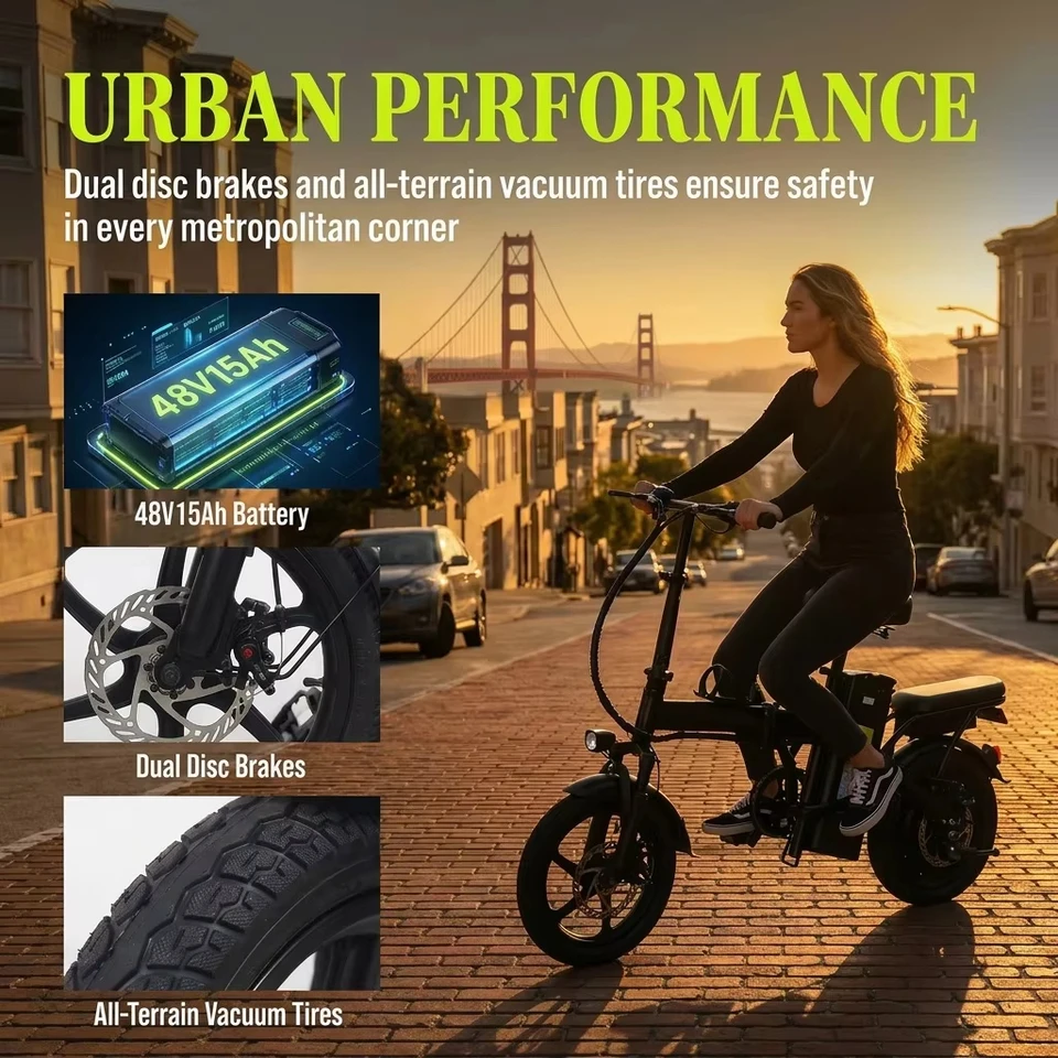 Electric Bike for Adults City Commuter, 500W Motor 48V 15Ah Removable Battery, Front & Rear Disc Brakes, All-Terrain Tires, Folding E-Bike with Dual Seat & Lights image 2