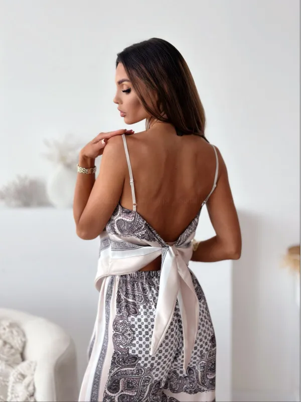 New Women's Sexy Suspender Wrapped Breastless Backless Sleeveless Geometric Printed Knotted Wide Leg Pants Suit Women's Clothes