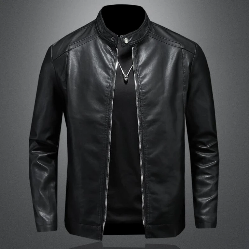 

Spring Autumn Leather Jacket Men Stand Collar Slim Pu Leather Jacket Fashion Motorcycle Causal Coat Mens Moto Biker Leather Coat