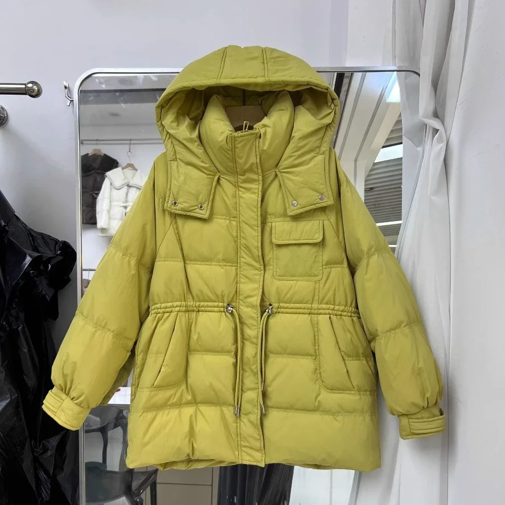 معطف نسائي جديد لخريف وشتاء 2025 من ريش البط الأبيض مع قلنسوة سترة متوسطة الطول للشارع بقصة ضيقة ملابس خارجية دافئة معطف أنيق سميك #3