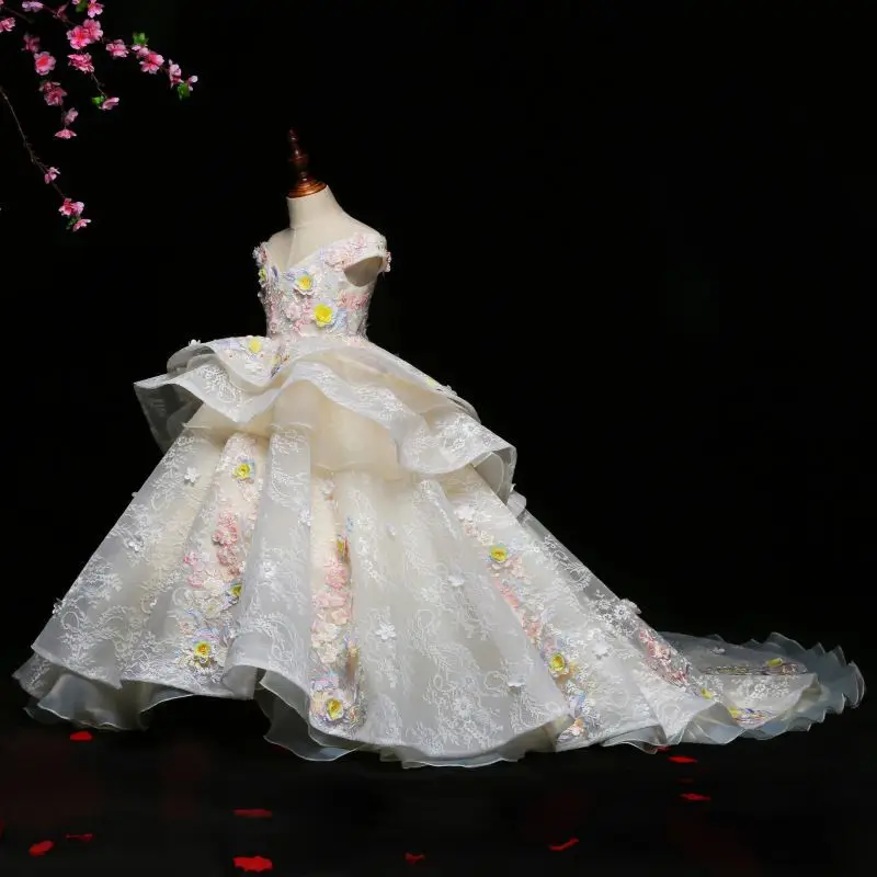 Robe de princesse pour filles, avec des appliques florales, jupe superposée en Tulle, épaules dénudées, tenue de soirée formelle, Costume de concours élégant