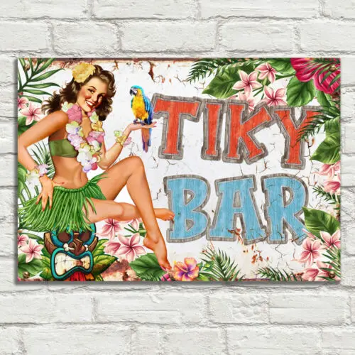 TIKI BAR Girl Garden Metal Tin Plaque Sign Man Cave Pub Club Cafe Beer Rum Gin