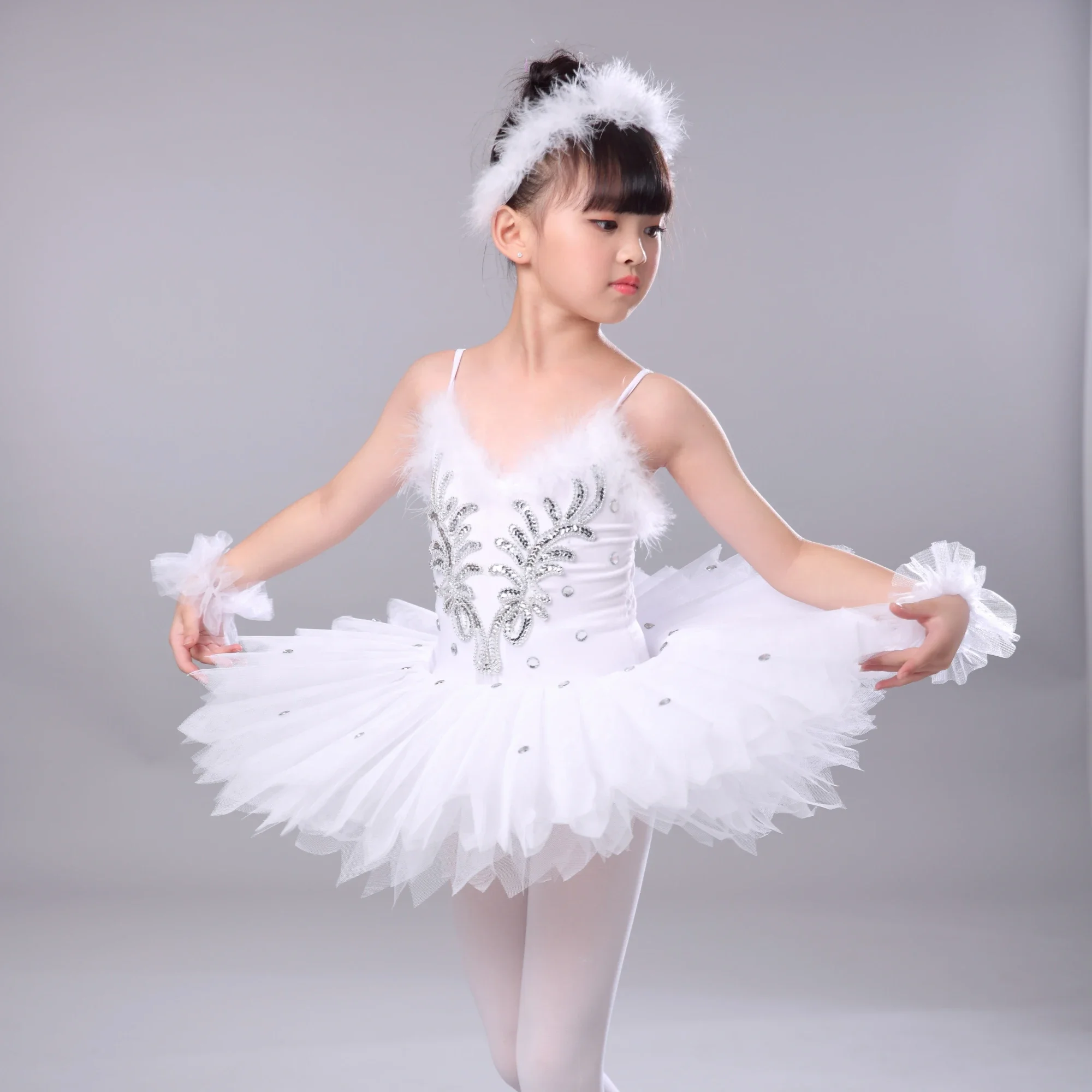 Kids girl Professional Tutu Ballet White Dress with feather Ballerina Costumes Dance Clothes Kid for Child Girls