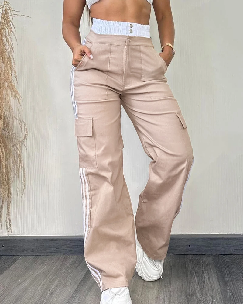 2024 Women Striped Tape Patch Shirred Stretchy High Waist Pants Pocket Design Cargo Pants