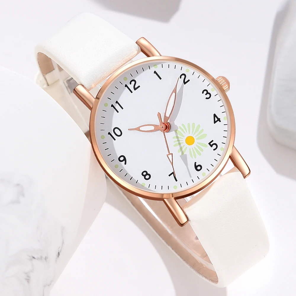 Women White Quartz Wristwatch 5PCS/Set Luminous Daisy Element Watch Pu Leather Strap Watch Pearl Jewelry Gift For Her