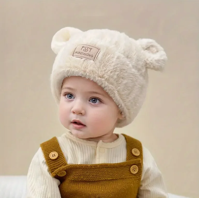 1-4 Y Baby Boys & Girls Winter Hat - Soft Beige Knit Beanie with Bear Ear Flaps, Warm Stretchy Winter Cap for Toddlers & Infants