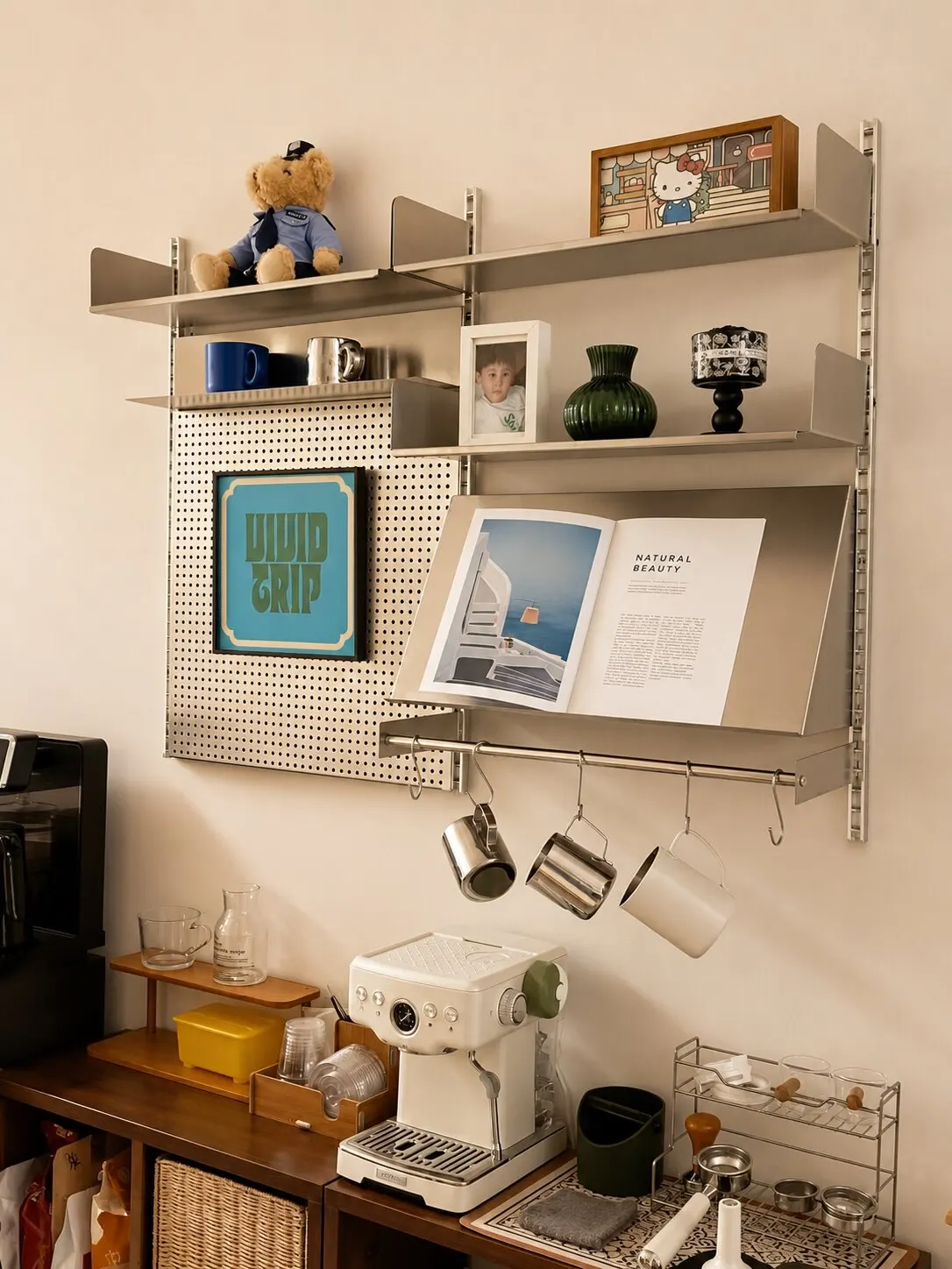 Suspended bookshelf Bauhaus metal hole plate shelf Stainless steel wall-mounted multi-layer baffle storage display rack