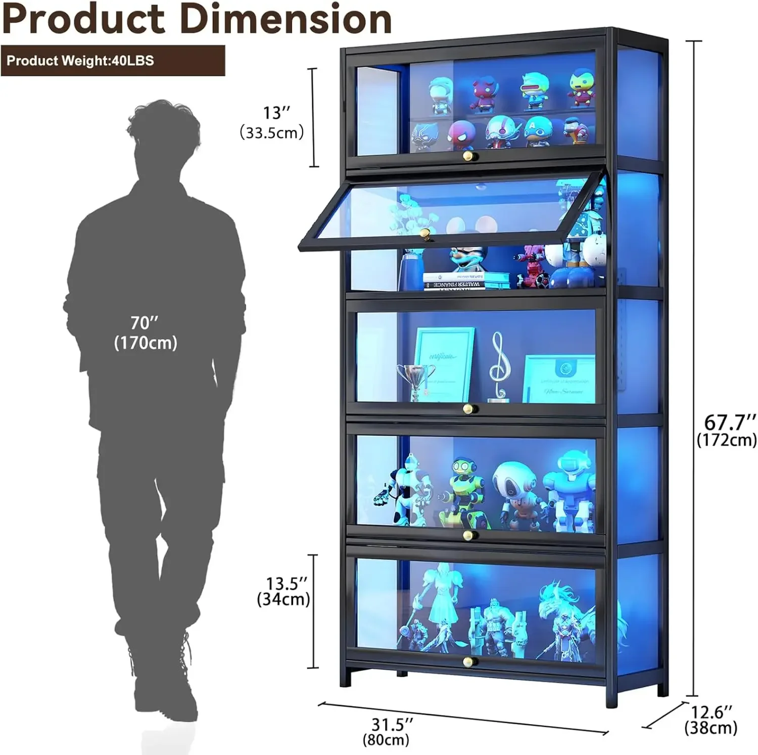 Black Tall Curio Cabinet Acrylic Glass Doors Collectibles Toy Organizers Display Shelf Bookcase Home Office Playroom Living Room