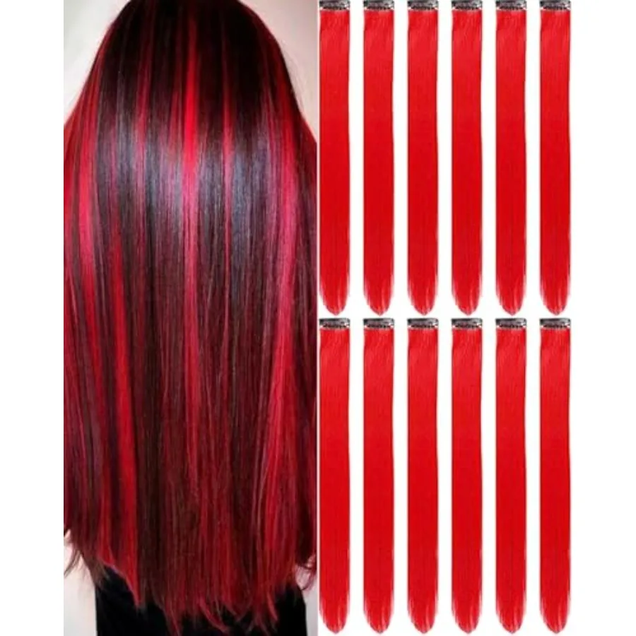 

12 PCS Red Hair Extensions Clip in for Party, 22 Inch Long Straight Synthetic Hairpieces, Vibrant Red Color, Easy Clip-in Appli