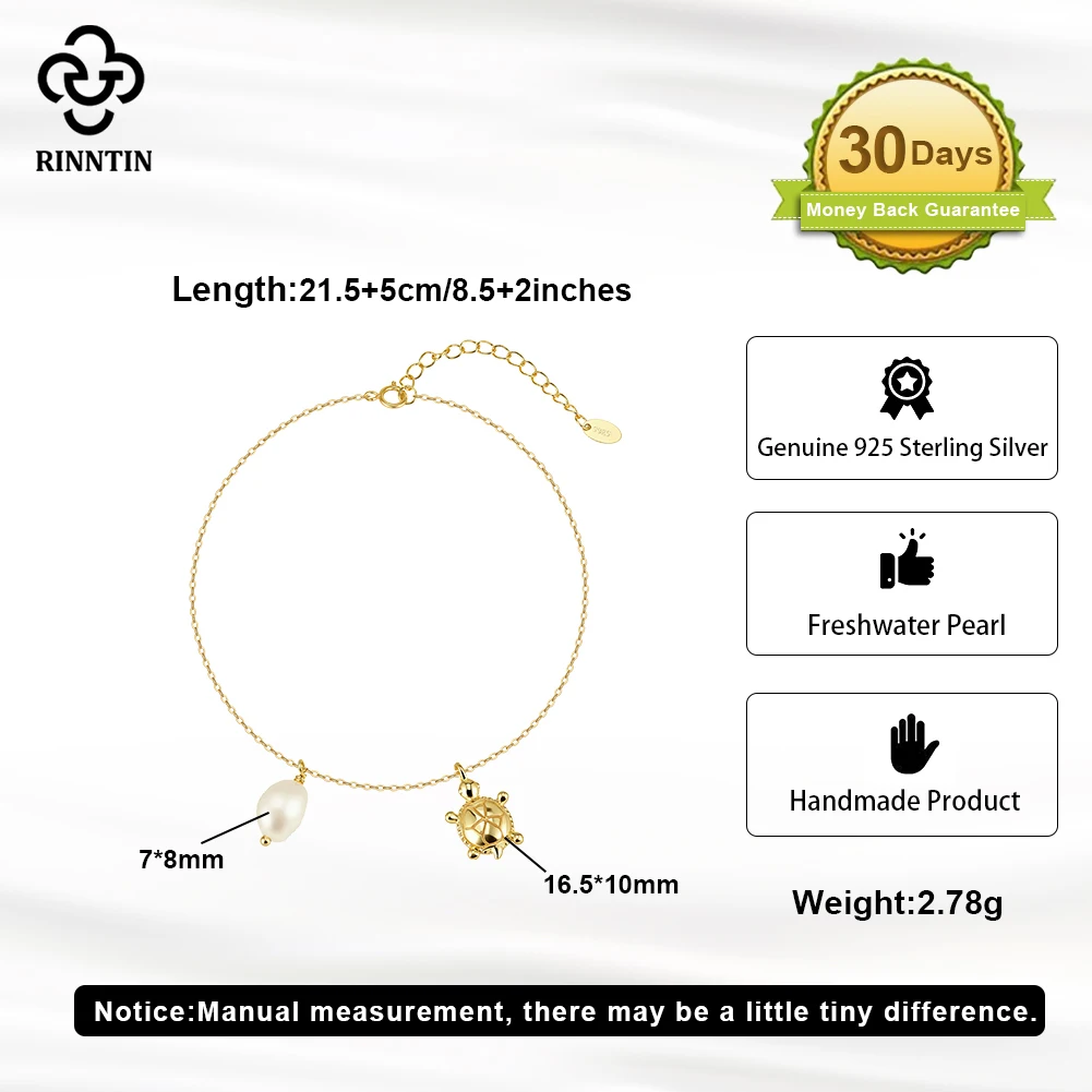 Rinntin 925 Sterling Silver Chain Anklets for Women with Natural Pearl and Cute Sea Turtle Foot Bracelet Straps Jewelry SA98
