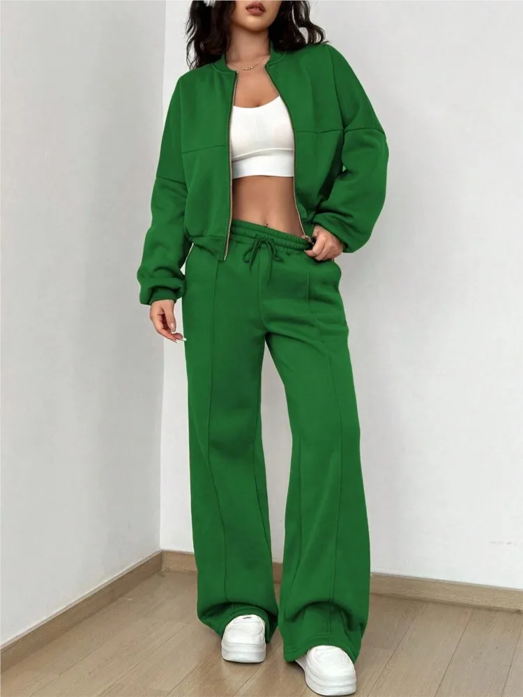 Fashion Long-sleeved Cardigan Zipper Top + Wide-leg Pants 2-piece Set Women Autumn Elegant Solid Color Elastic Female Suit Y2K