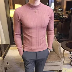 Pull à col roulé rayé pour homme, pull slim confortable, style décontracté, mode boutique, document solide, automne et hiver
