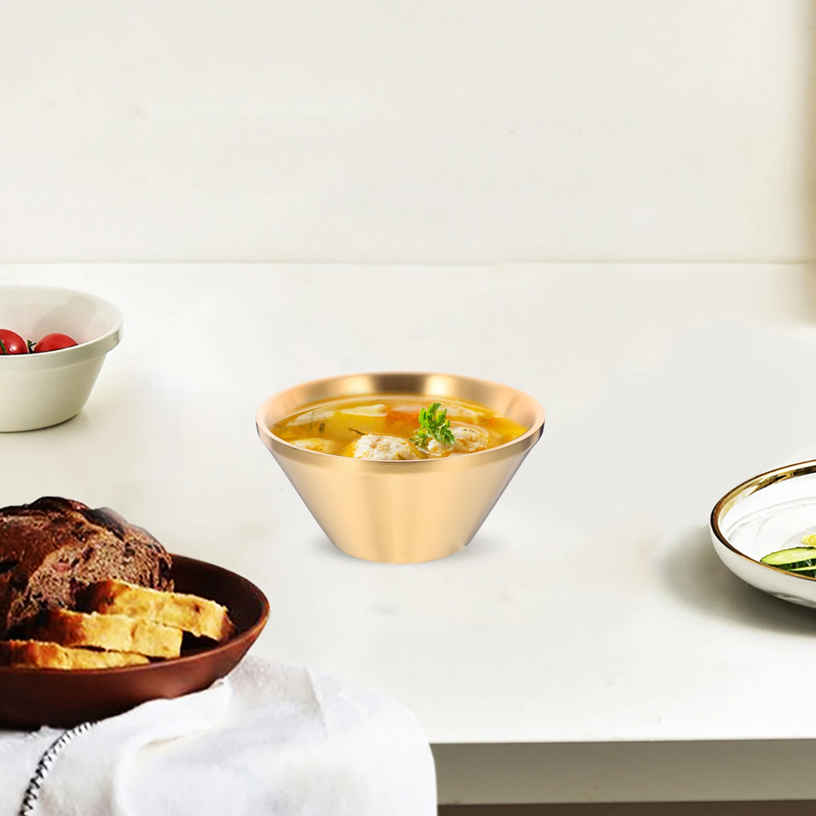 

Double Layer Insulation Bowl 12CM Gold V Shaped Stainless Steel Anti Scald Soup Noodle Bowls Lightweight Portable Kitchen Bar