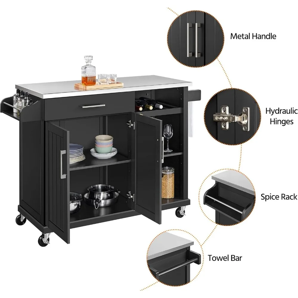 عربة مطبخ مع سطح من الفولاذ المقاوم للصدأ، وخزانة تخزين، ودرج، وأرفف مفتوحة، ورف نبيذ على عجلات