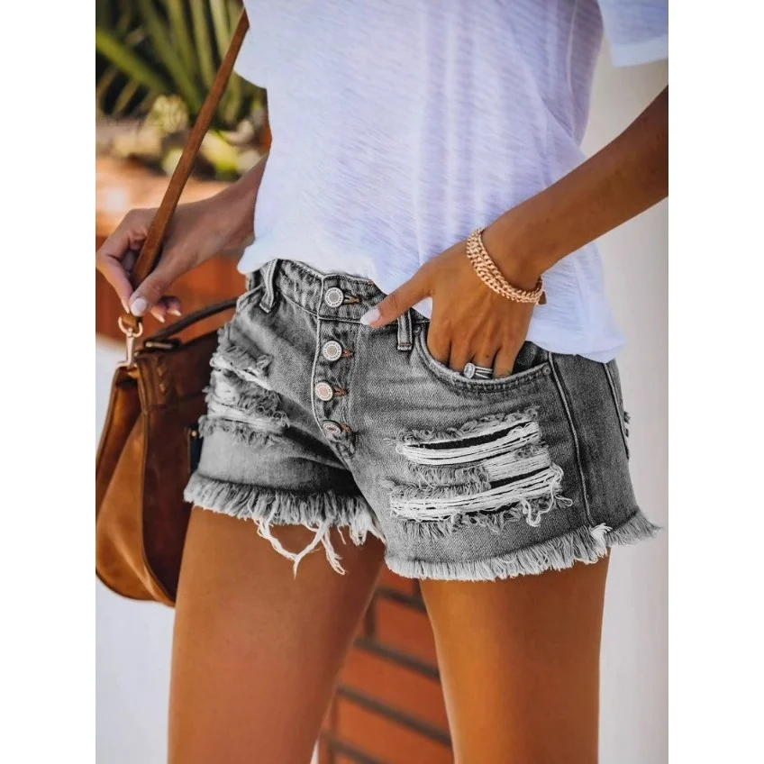 

High Waist Denim Shorts Women's Fashion Frayed Hem Straight Leg Natural Waist No Stretch Spring 2025 Trendy Cross-Border