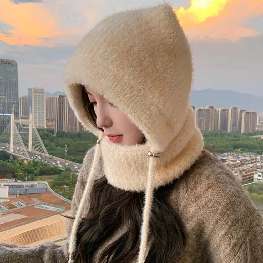 Integrated Winter Hat Windproof Cat Ears Beanie Elastic Crochet Knitted Balaclava Thickened Soft Mask Neck Warmer Students