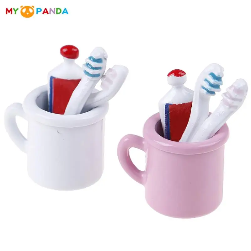 4Pcs/Set Dollhouse Miniature Cup Toothpaste Toothbrush Set Miniature Dollhouse Bathroom Scene Decor Accessories