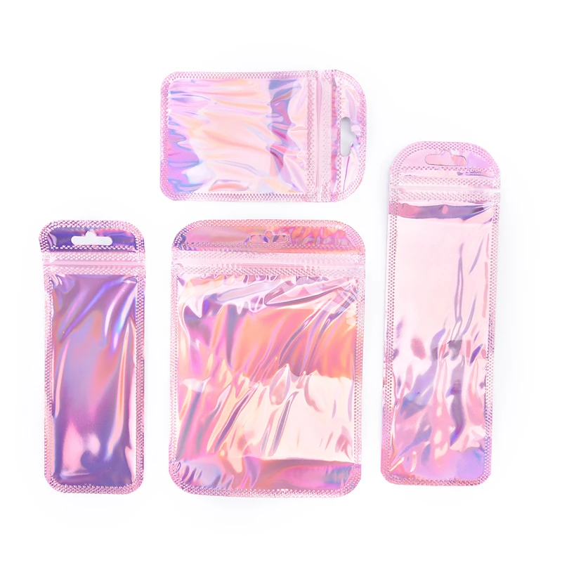 50pcs Resealable Holographic Bags Cute Eyelash Packaging Bags For Lip Gloss Lash Foil Small jewelry Ziplock Bags