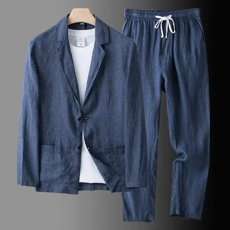 Spring Summer Men Suit Fashion Men Cotton Linen Two-piece Set Blazer Jacket + Pants Casual Business Thin Clothing Breathable