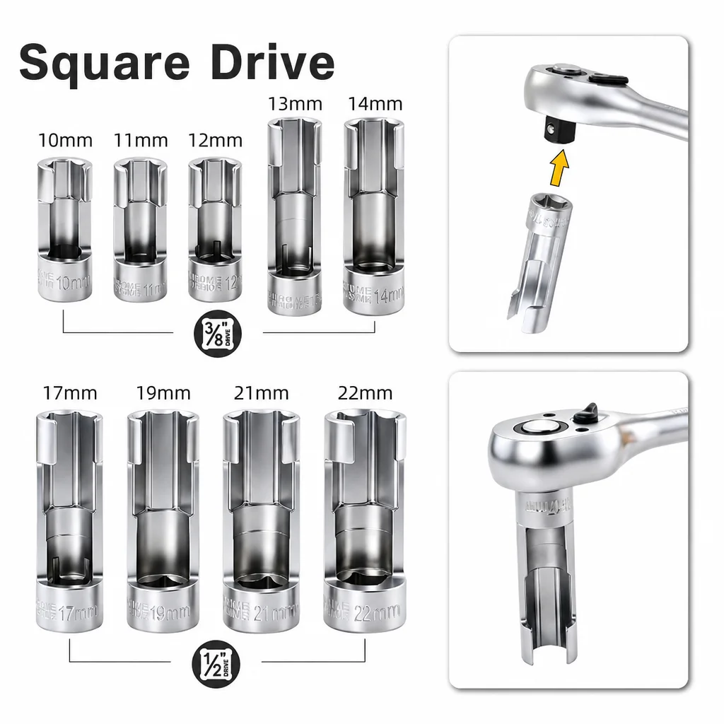 9-Piece Metric Flare Nut Socket Set, 10–22mm, 3/8-Inch & 1/2-Inch Drive, Chrome Vanadium Steel Slotted Sockets with Storage Tray