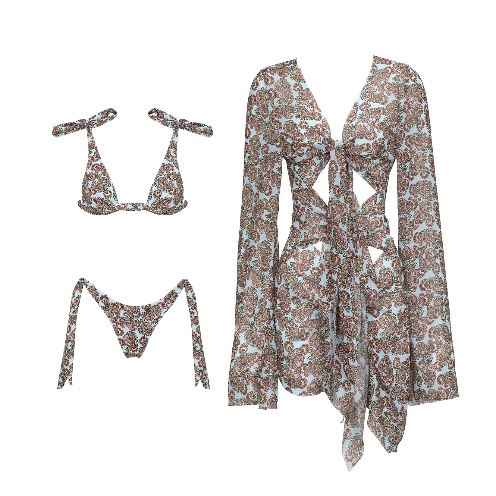 

3Pcs V Neck Bikini 2025 Bandeau Biquini Women Sexy Swimsuit Push Up Swimwear Female Hollow Bathing Suit Beachwear Mini Dress