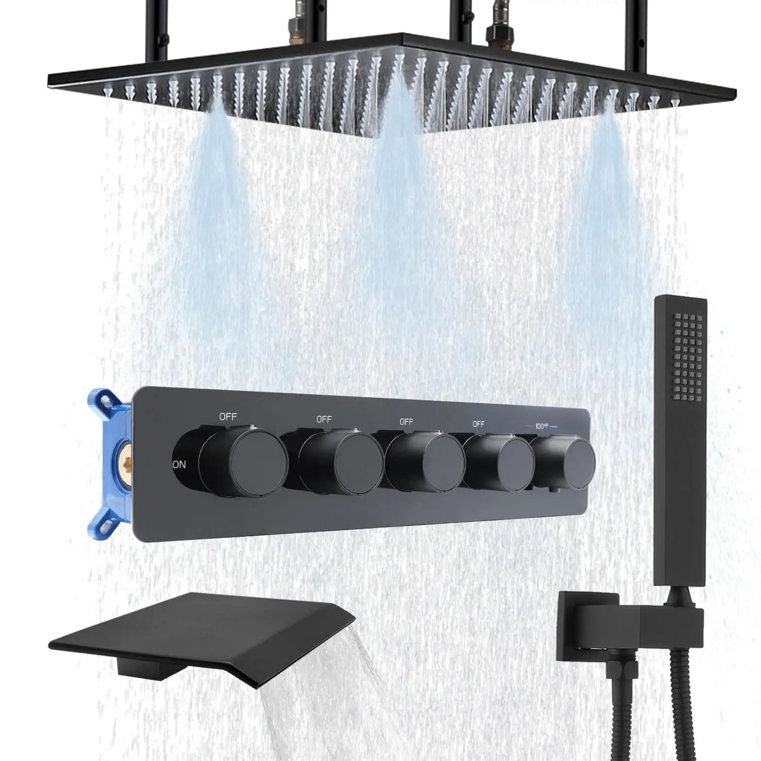 Matte Black 16 Inch ceiling Dual Function Spray Shower Head 4 Way Thermostatic  System set Complete with Tub Spout