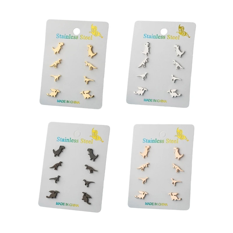 4 Pairs Small Dinosaur Earrings Stylish Cartoon Ear Jewelry Dinosaur Ear Studs for Trendy Student and Professionals