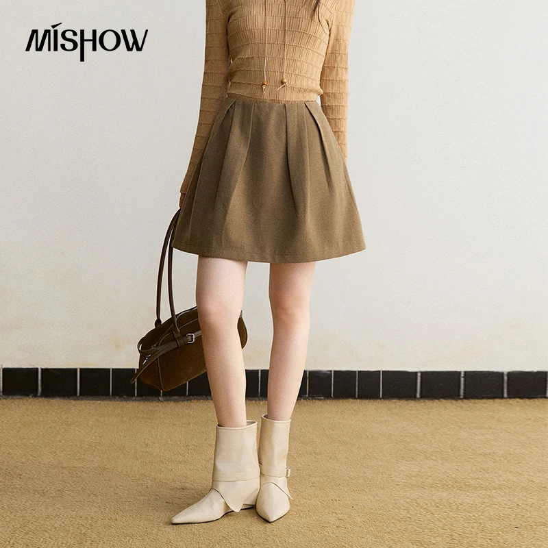 MISHOW Petite A-line Skirts for Women Minimalist Muted Brown Pleated Mini Skirt 2026 Autumn Slim Fit Commuter Clothes MXF47B2601