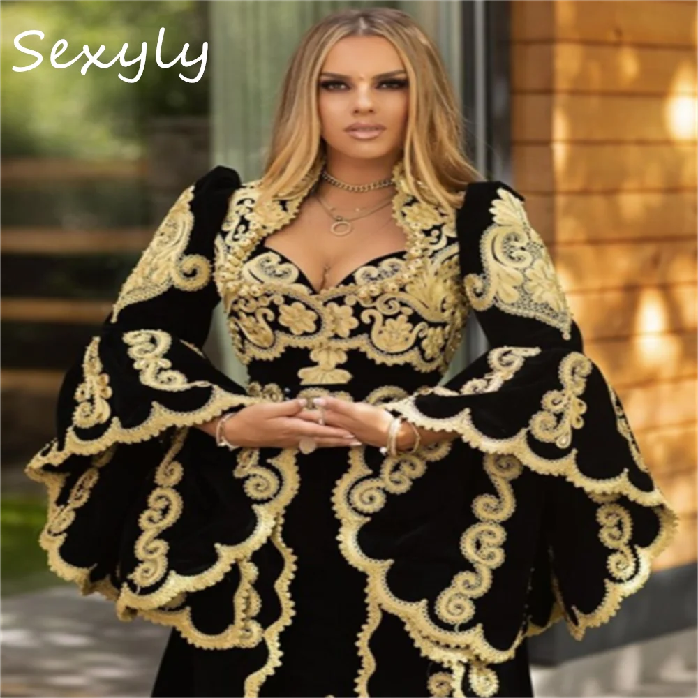 Traditional Kosovo Black Evening Dress Flare Sleeve Albanian Marocain Prom Dress Luxury Arabic Moroccan ramadan kaftan Customize