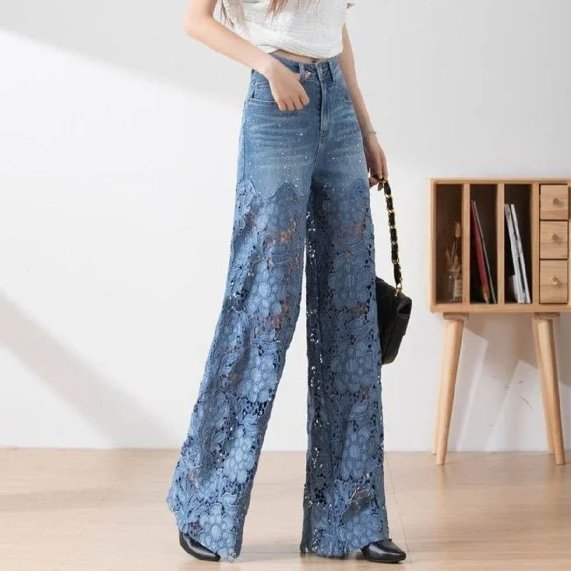 Spring Summer High-Waist Openwork Lace Stitching Denim Wide-Leg Pants Female Straight Trousers Fashion Women's Jeans 2025 New