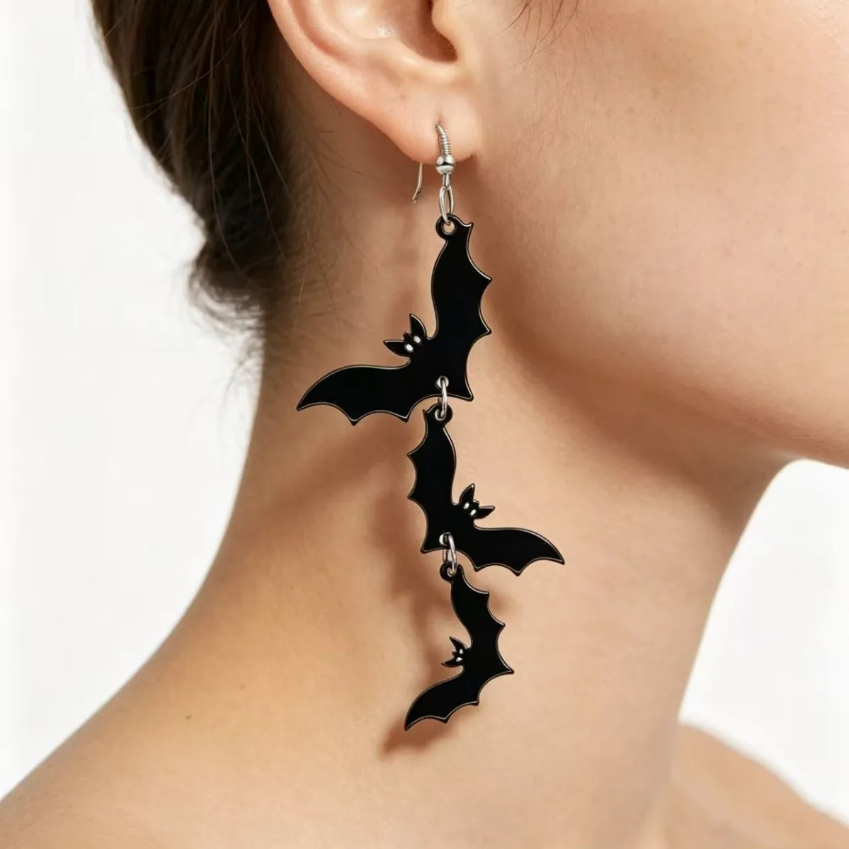 Trend Cool Gothic Punk Style Black Three Bat Earrings Exaggerated Personality Halloween Scary Jewelry Accessories for Women Men