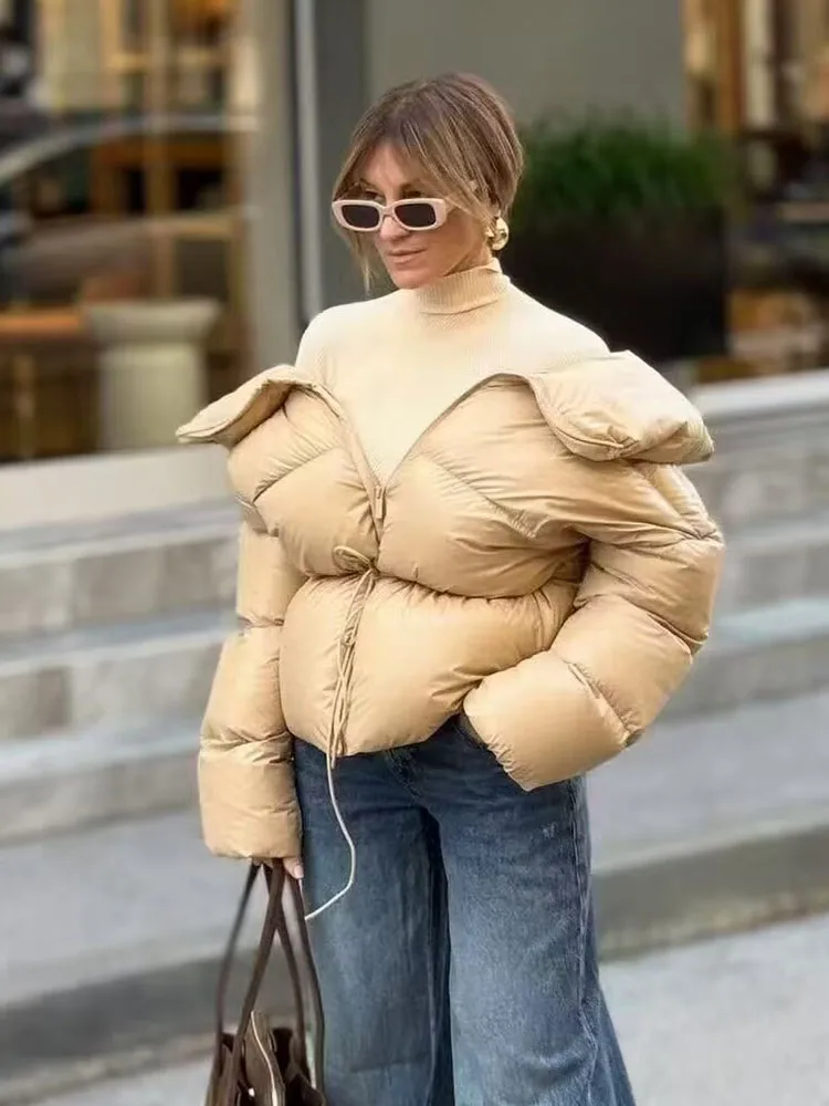 

HH Women Winter Fashion Vintage Stand Collar Waist Cord Cotton Coat Female Temperament High Street Casual Waist Tie Warm Jacket