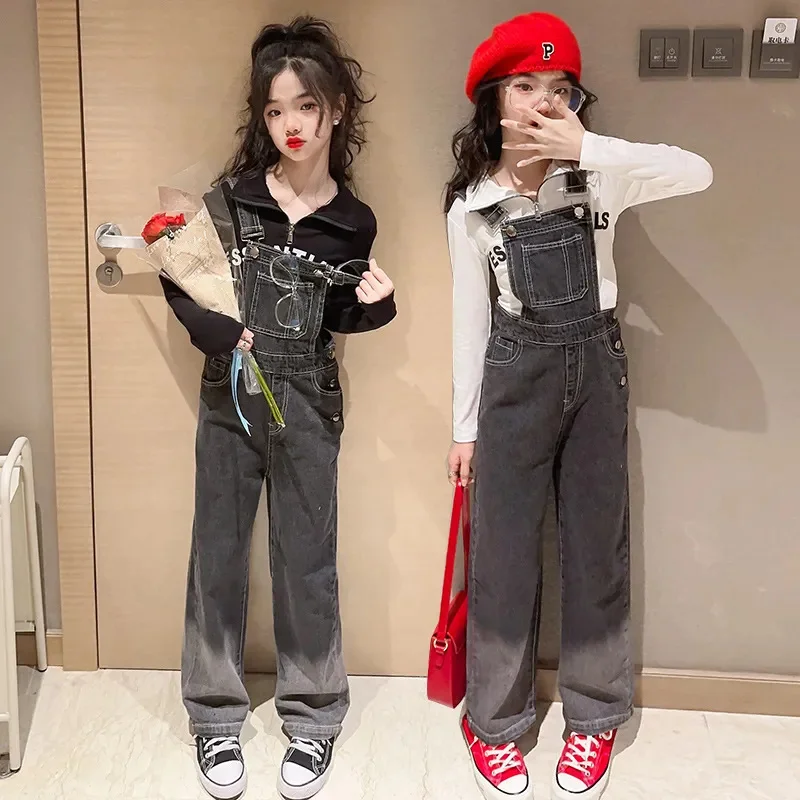 Fashion Casual Suit for Girl Spring New Korean Streetwear Tops + Denim Suspenders 2pcs Kids Clothes Teens Outfits Set 4-14 Y