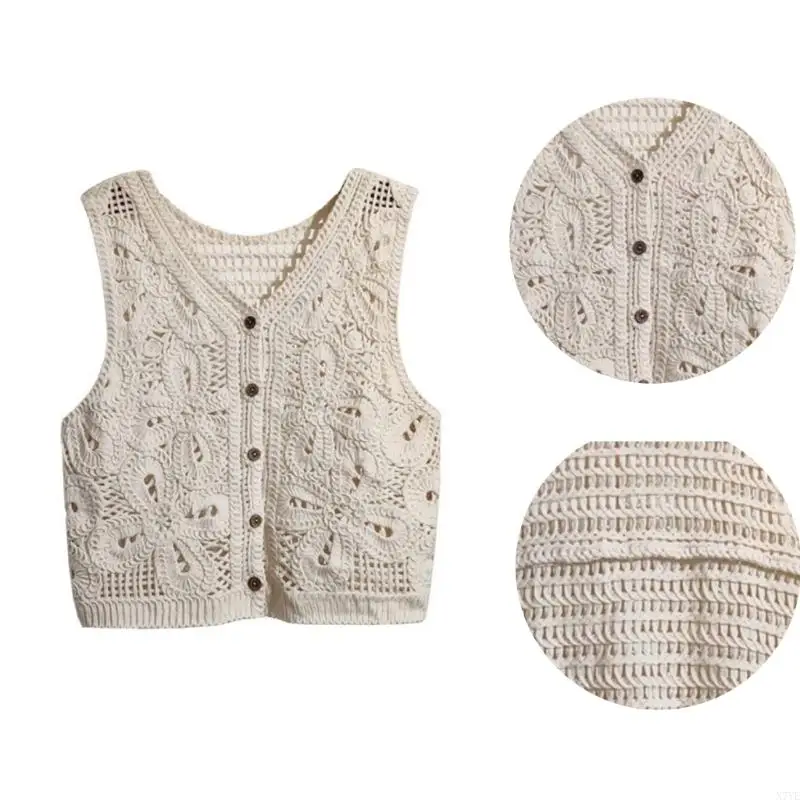

N7YE Women Sleeveless Top Casual Loose Crochets Vests Hollowed Camisole Jackets