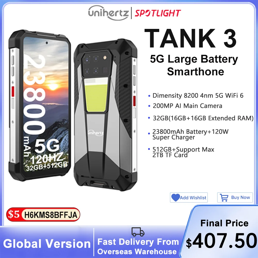 Unihertz Tank 3 por 8849 Robusto 32GB 512GB 23800mAh 120W Cargador Dimensity 8200 5G 200MP 120Hz Telémetro Luz exterior Wifi 6