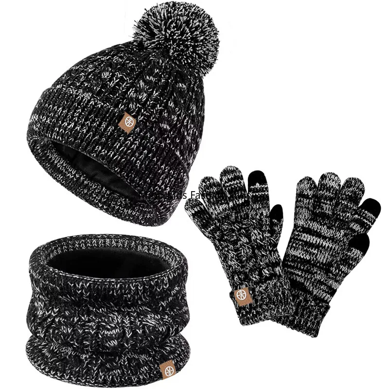 Gorro de lana tejido para niños medianos y grandes de invierno, bufanda, guantes, traje combinado de gorro cálido acolchado de tres piezas para niños