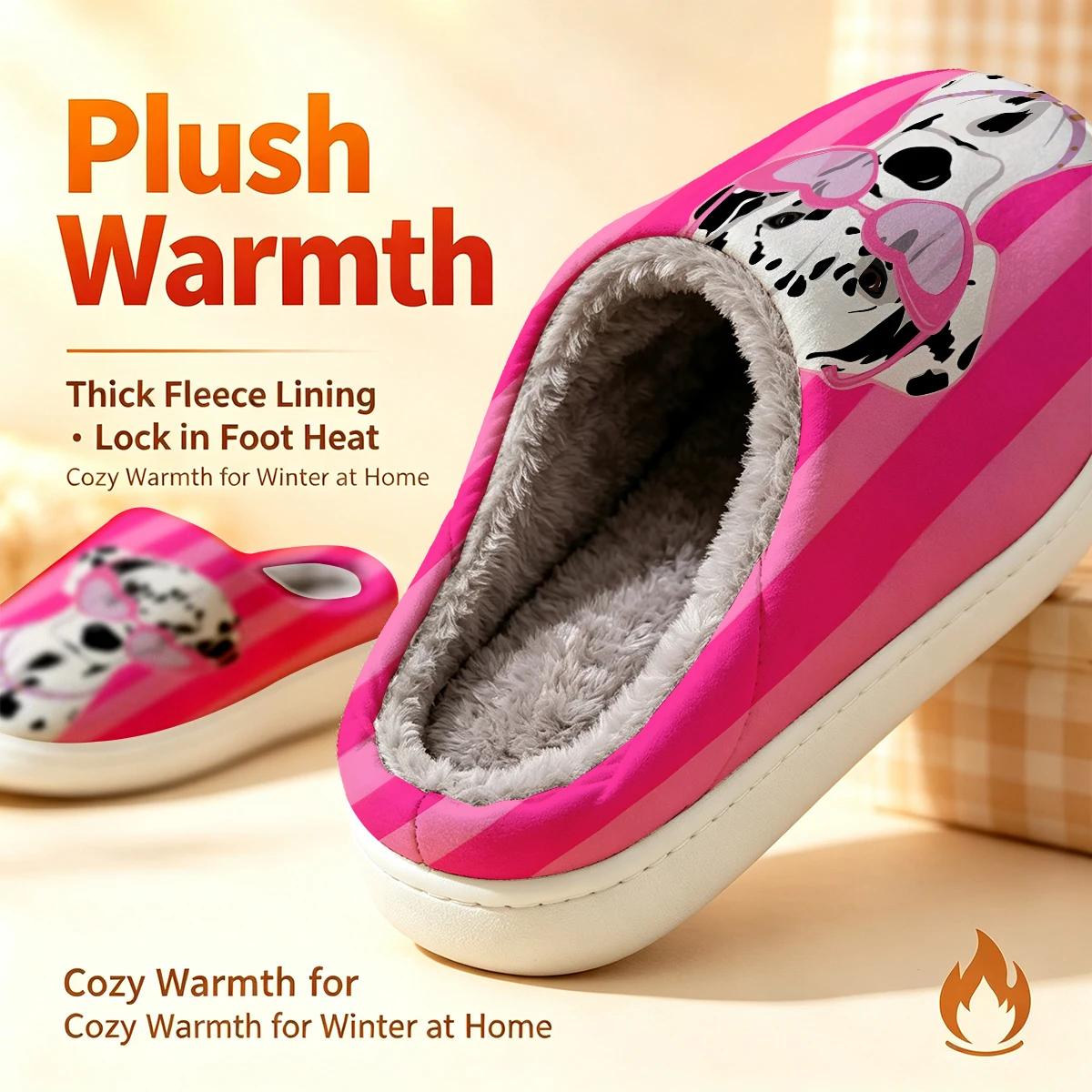 Pink Stripe Dalmatian Christmas White Slippers Warm Plush Indoor Shoes Non-Slip Winter Slippers Family Holiday Gifts Soft