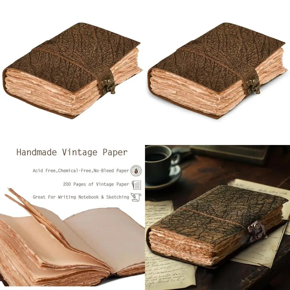 

Vintage Handcrafted Journal with Lock - A4 Cotton Paper, 200 Pages for Art & Writing - Distressed Brown Cover