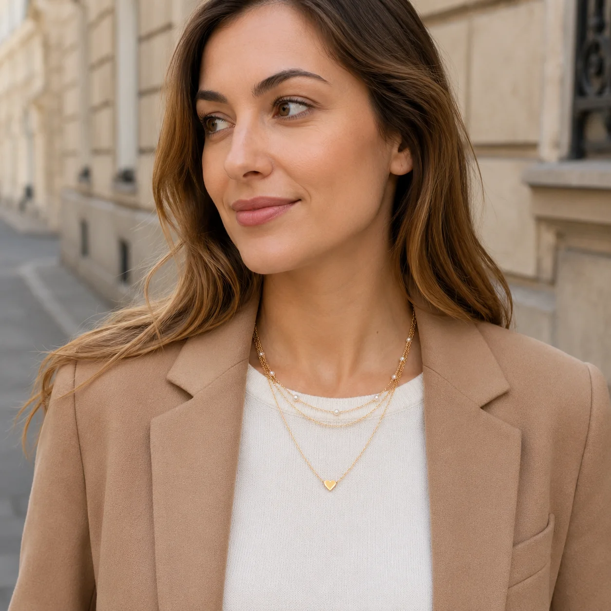Mit Geschenkbox 3-Schichtige Perlenherz-Anhänger-Halskette für Frauen Goldfarben Mehrschichtige Kette Vintage Minimalistischer Schlüsselbeinschmuck – Detail 14